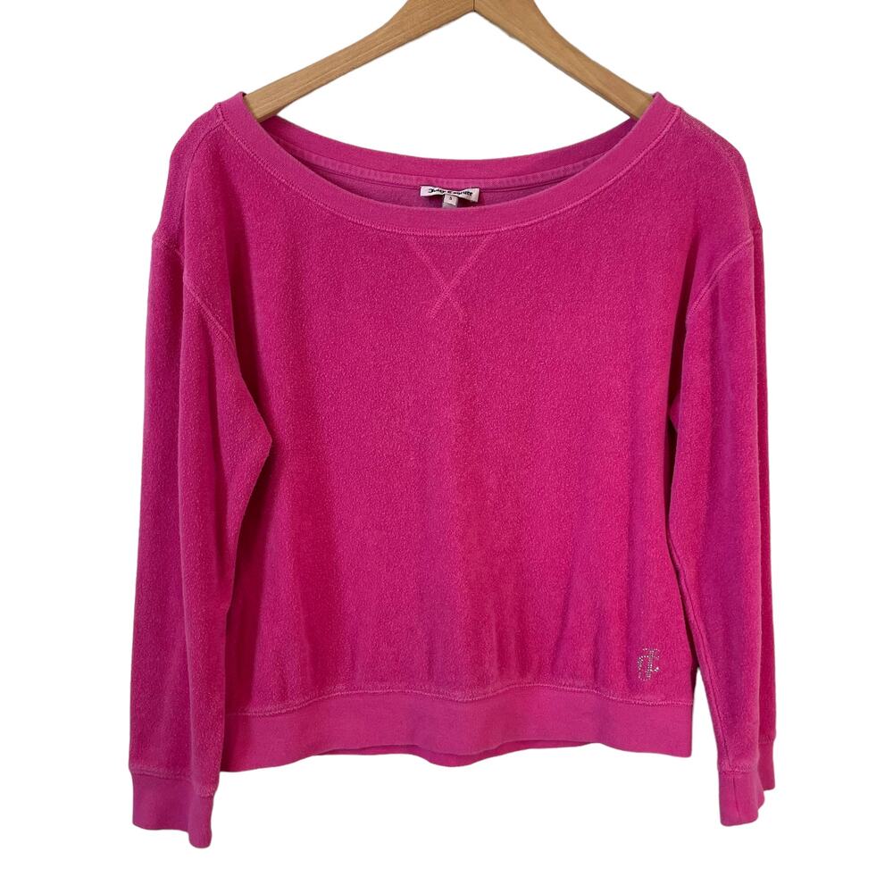 JUICY COUTURE Women Terry Cloth Long Sleeve Sweatshirt Pink Small Y2K Logo Bling